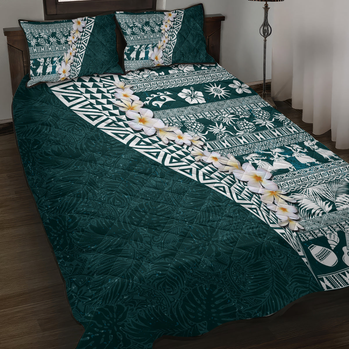 Hawaii Plumeria Tribal Vintage Quilt Bed Set Special Turquoise