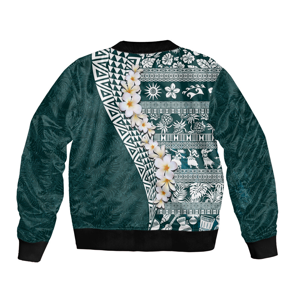 Hawaii Plumeria Tribal Vintage Sleeve Zip Bomber Jacket Special Turquoise