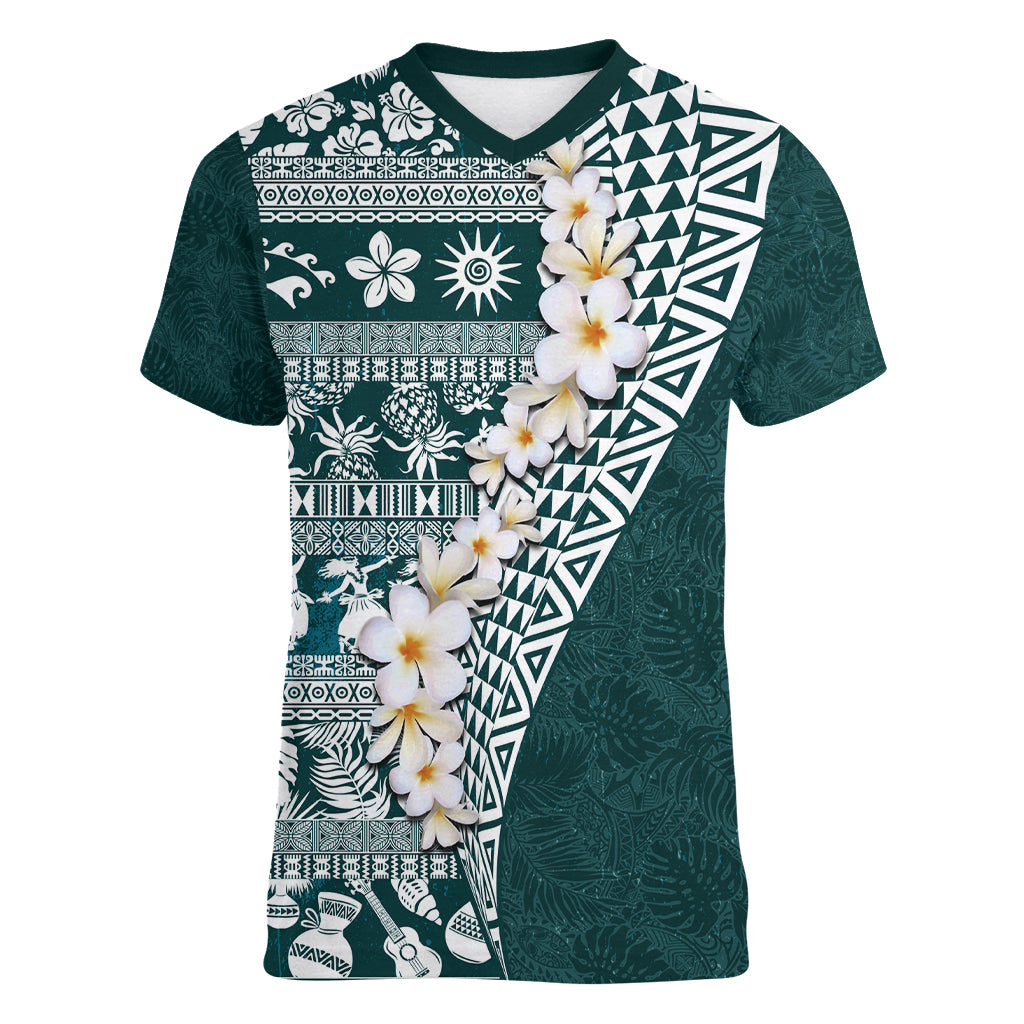 Hawaii Plumeria Tribal Vintage Women V Neck T Shirt Special Turquoise