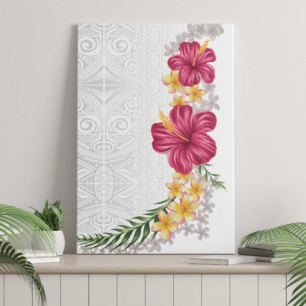 Hawaiian Plumeria and Hibiscus Canvas Wall Art White Mode