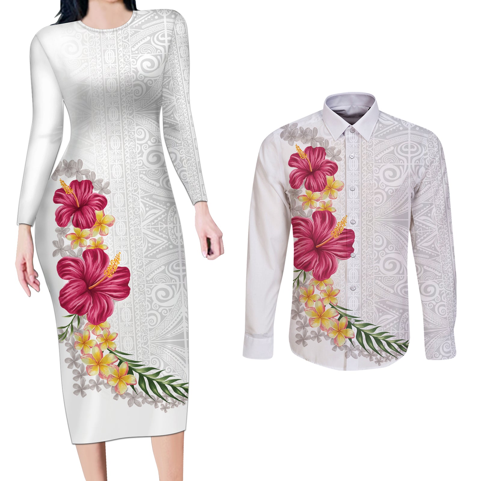 Hawaiian Plumeria and Hibiscus Couples Matching Long Sleeve Bodycon Dress and Long Sleeve Button Shirt White Mode