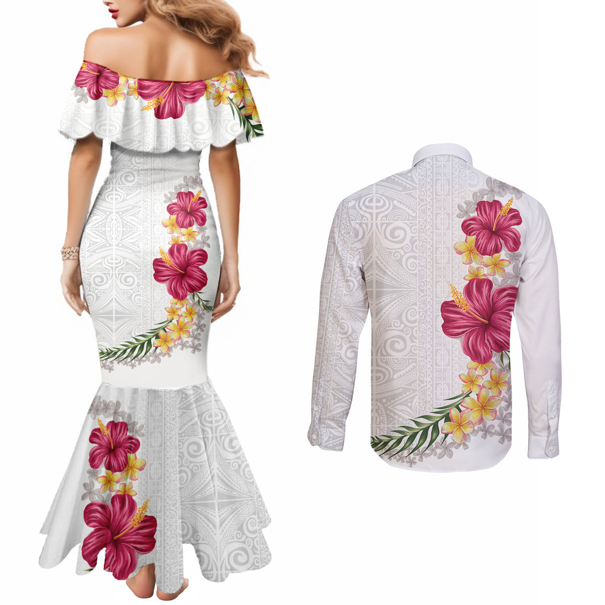 Hawaiian Plumeria and Hibiscus Couples Matching Mermaid Dress and Long Sleeve Button Shirt White Mode