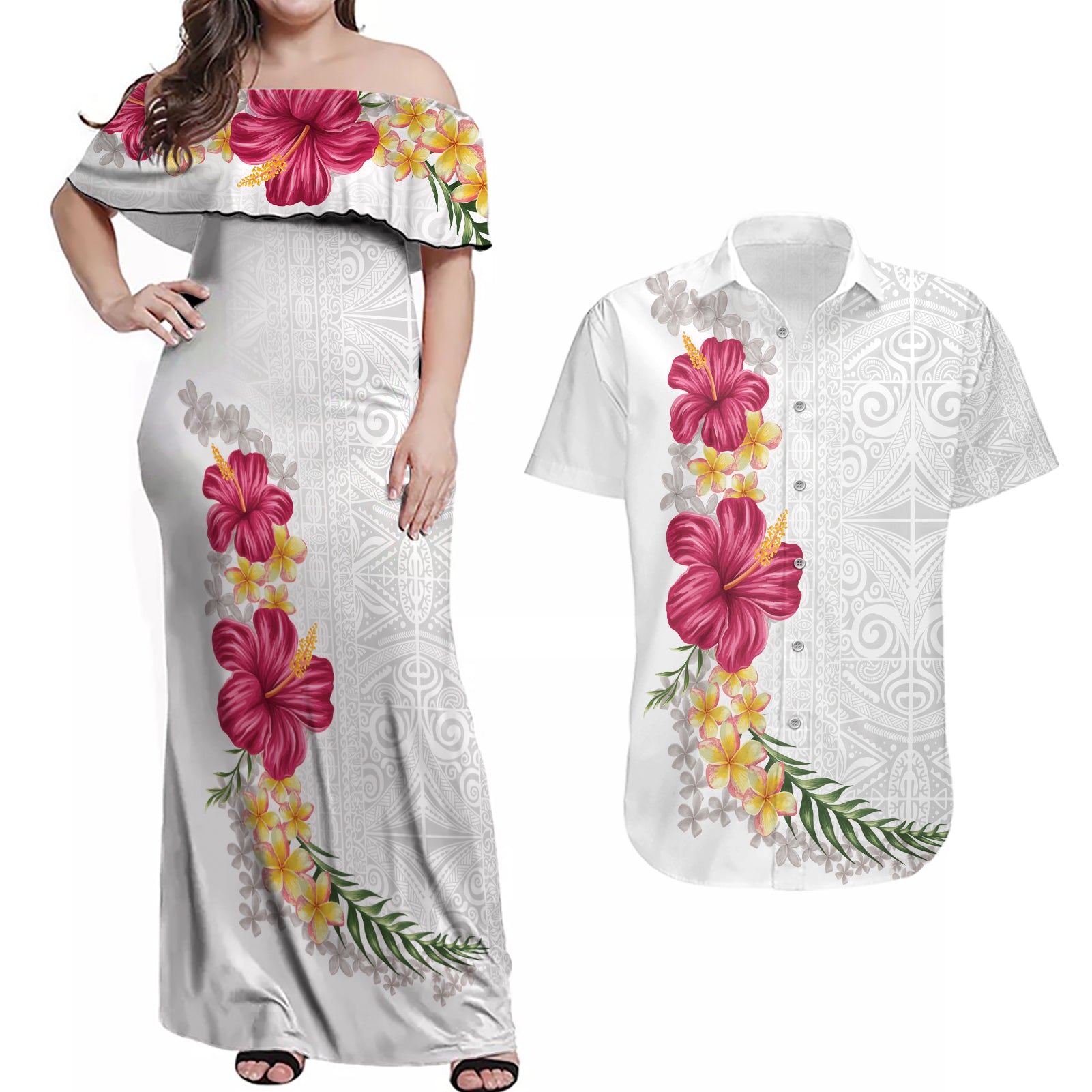 Hawaiian Plumeria and Hibiscus Couples Matching Off Shoulder Maxi Dress and Hawaiian Shirt White Mode