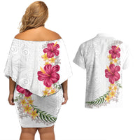 Hawaiian Plumeria and Hibiscus Couples Matching Off Shoulder Short Dress and Hawaiian Shirt White Mode