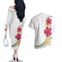Hawaiian Plumeria and Hibiscus Couples Matching Off The Shoulder Long Sleeve Dress and Hawaiian Shirt White Mode