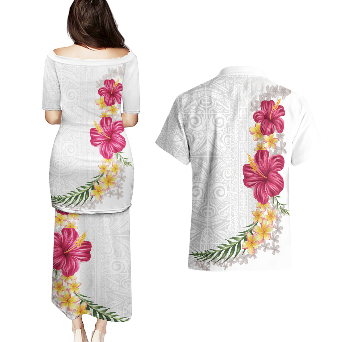 Hawaiian Plumeria and Hibiscus Couples Matching Puletasi and Hawaiian Shirt White Mode