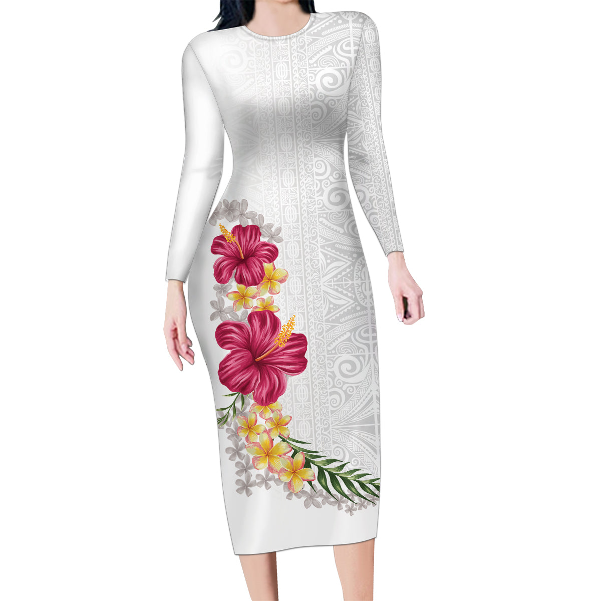 Hawaiian Plumeria and Hibiscus Family Matching Long Sleeve Bodycon Dress and Hawaiian Shirt White Mode
