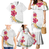 Hawaiian Plumeria and Hibiscus Family Matching Mermaid Dress and Hawaiian Shirt White Mode