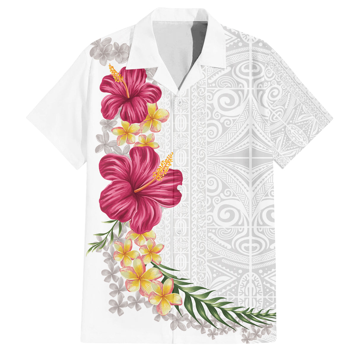 Hawaiian Plumeria and Hibiscus Family Matching Summer Maxi Dress and Hawaiian Shirt White Mode