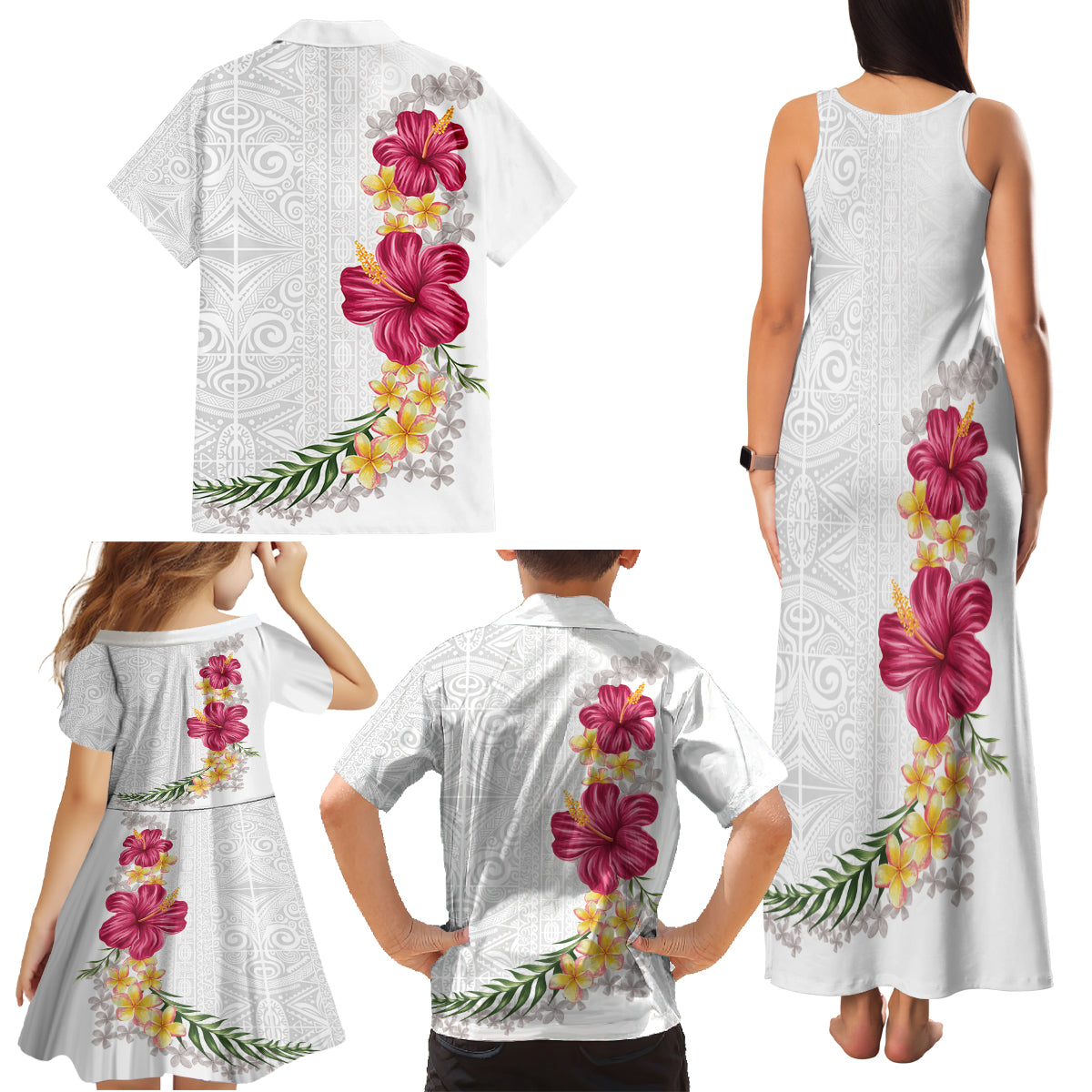 Hawaiian Plumeria and Hibiscus Family Matching Tank Maxi Dress and Hawaiian Shirt White Mode