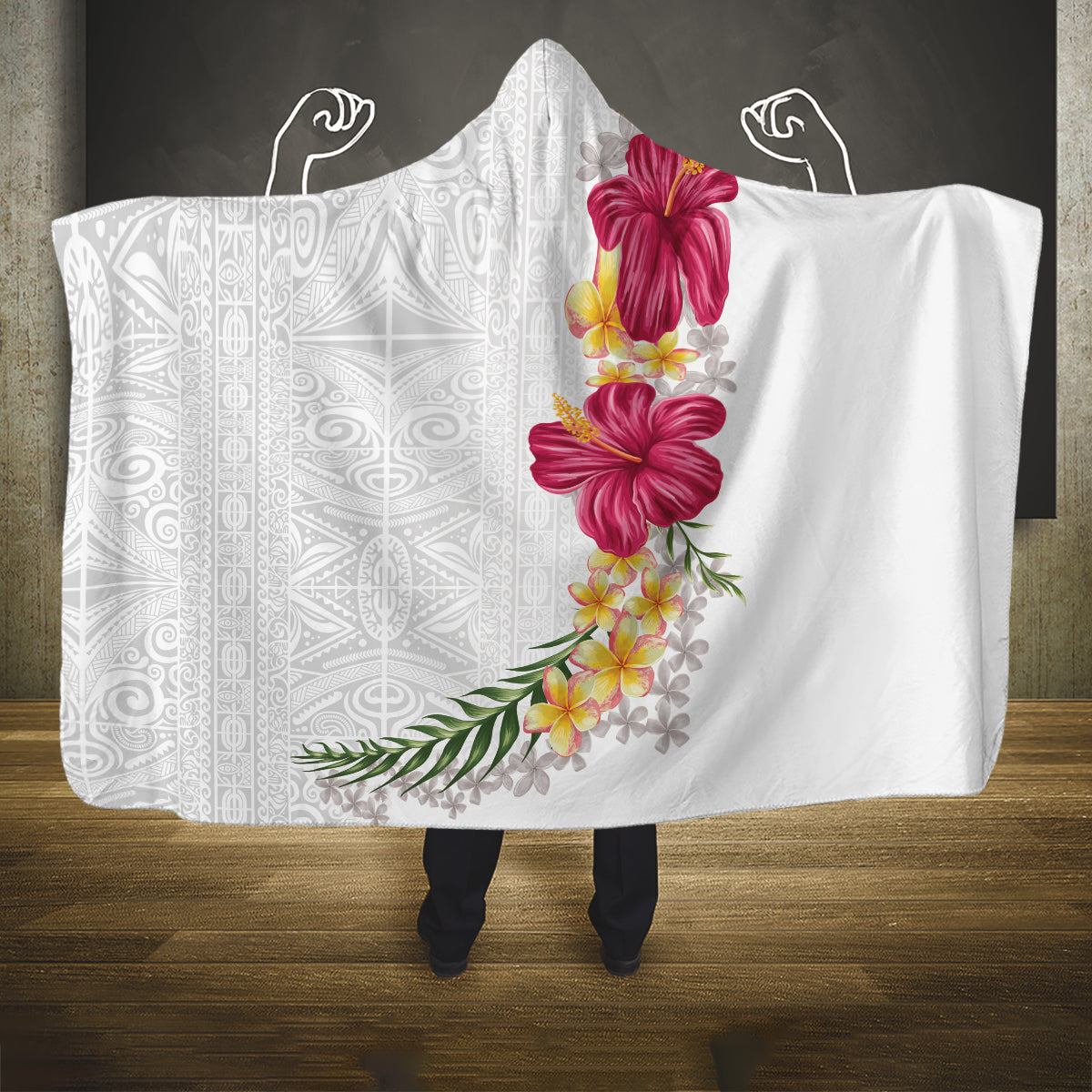 Hawaiian Plumeria and Hibiscus Hooded Blanket White Mode