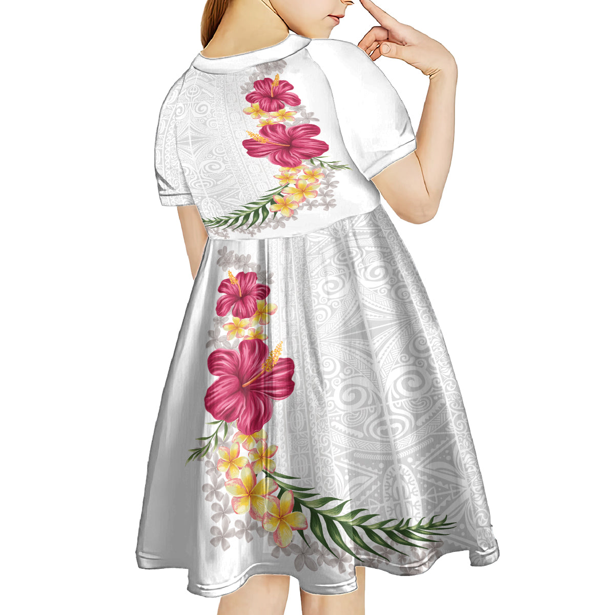 Hawaiian Plumeria and Hibiscus Kid Short Sleeve Dress White Mode