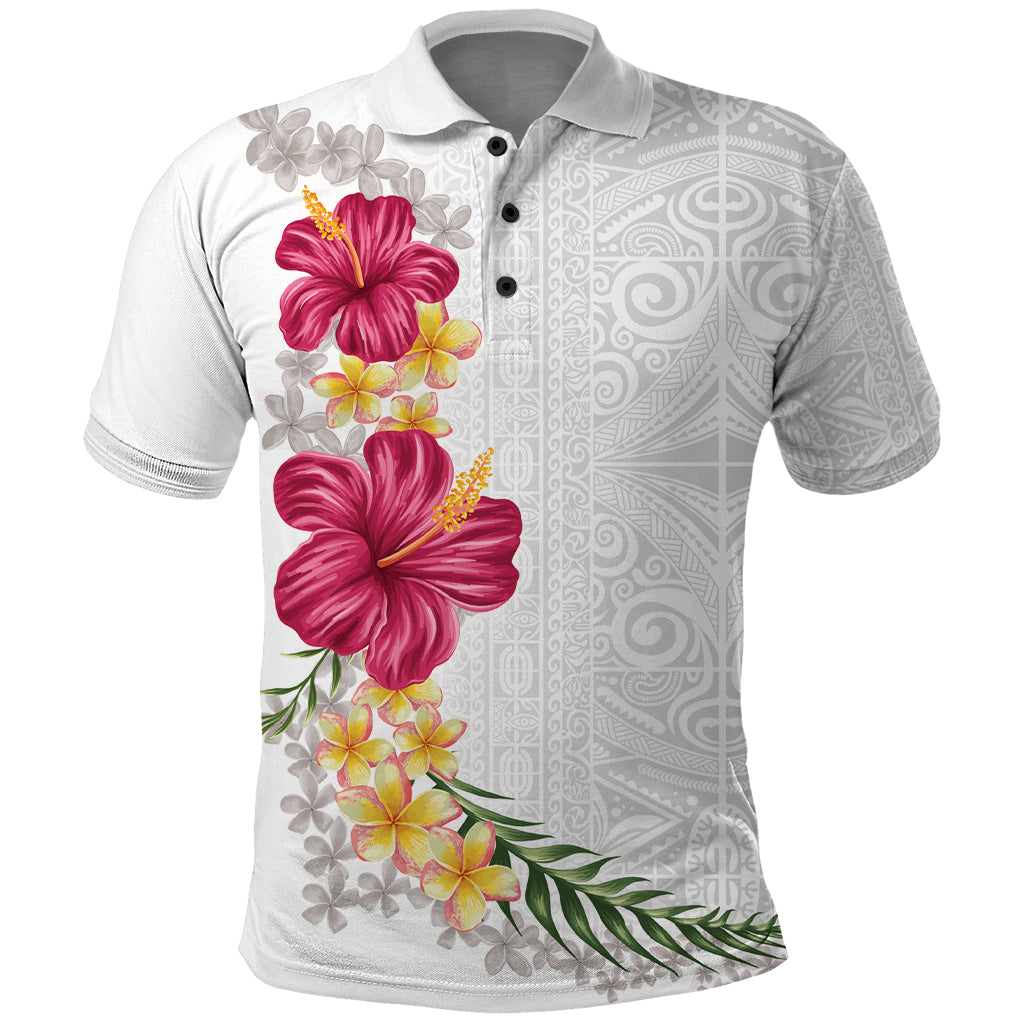 Hawaiian Plumeria and Hibiscus Polo Shirt White Mode LT03 White - Polynesian Pride