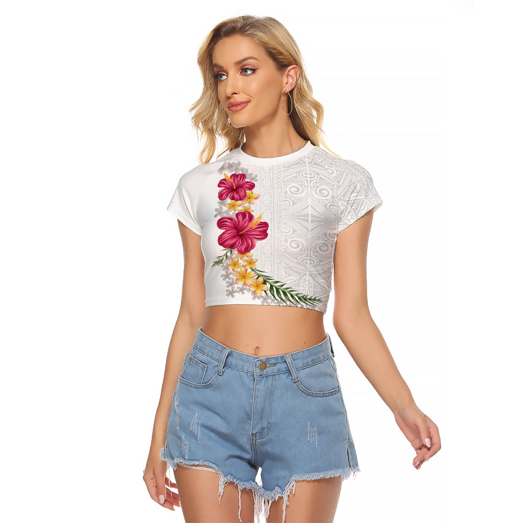 Hawaiian Plumeria and Hibiscus Raglan Cropped T Shirt White Mode