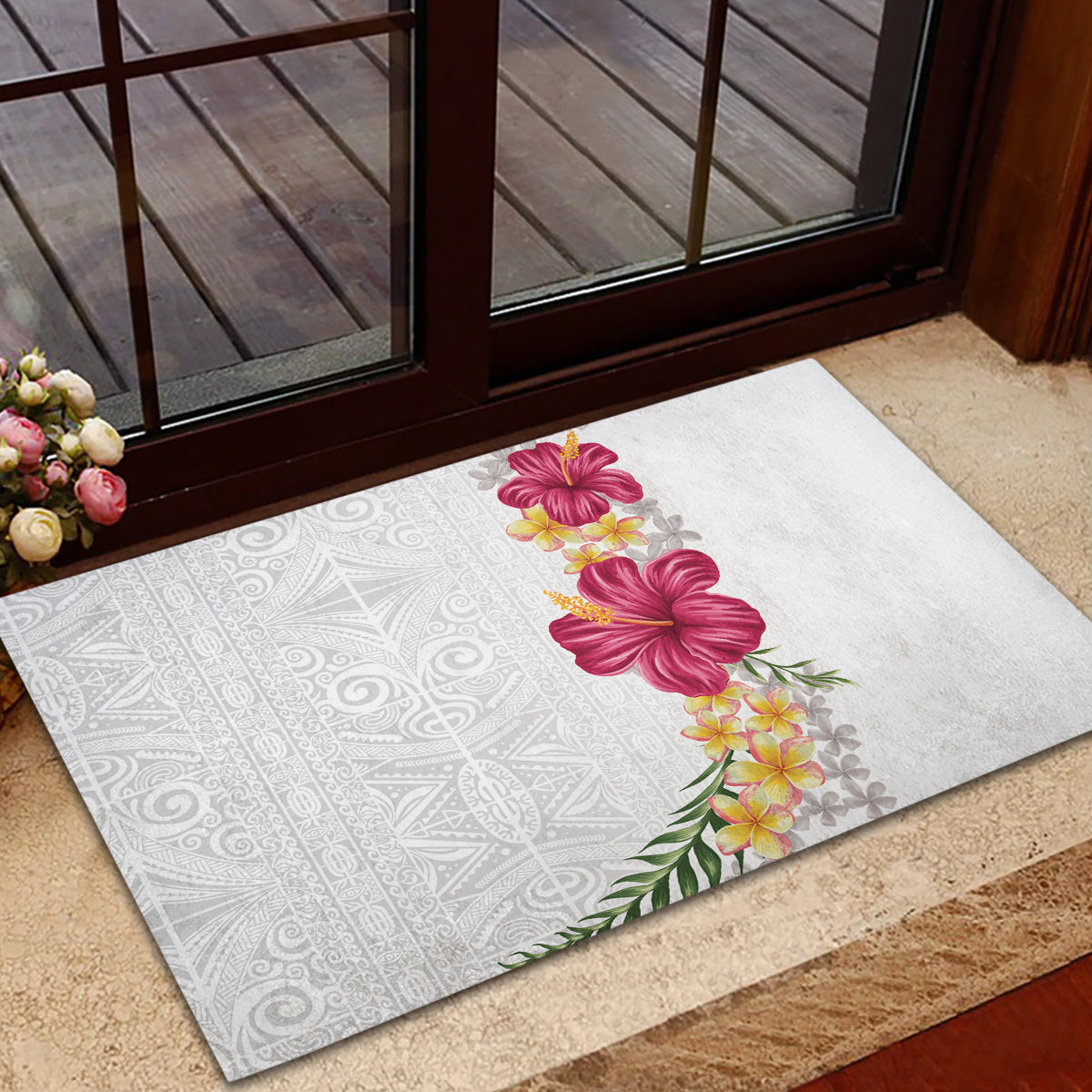 Hawaiian Plumeria and Hibiscus Rubber Doormat White Mode