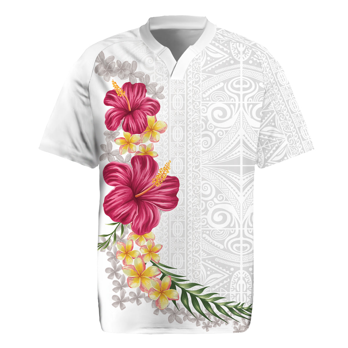 Hawaiian Plumeria and Hibiscus Rugby Jersey White Mode LT03