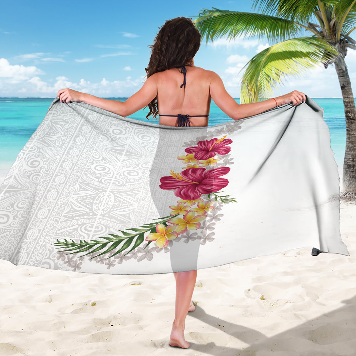 Hawaiian Plumeria and Hibiscus Sarong White Mode