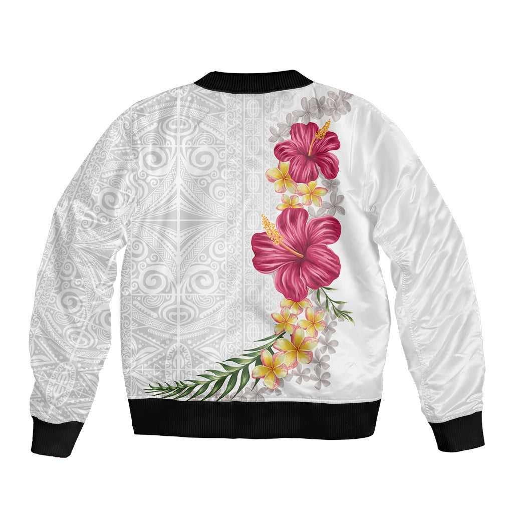 Hawaiian Plumeria and Hibiscus Sleeve Zip Bomber Jacket White Mode