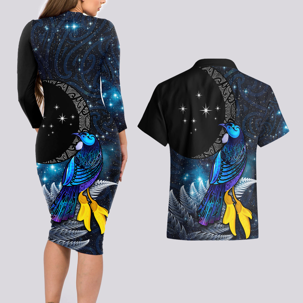 New Zealand Tui Bird Matariki Couples Matching Long Sleeve Bodycon Dress and Hawaiian Shirt Galaxy Fern With Maori Pattern LT03 - Polynesian Pride