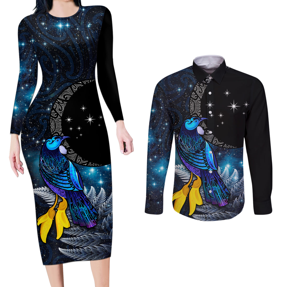 New Zealand Tui Bird Matariki Couples Matching Long Sleeve Bodycon Dress and Long Sleeve Button Shirt Galaxy Fern With Maori Pattern LT03 Blue - Polynesian Pride