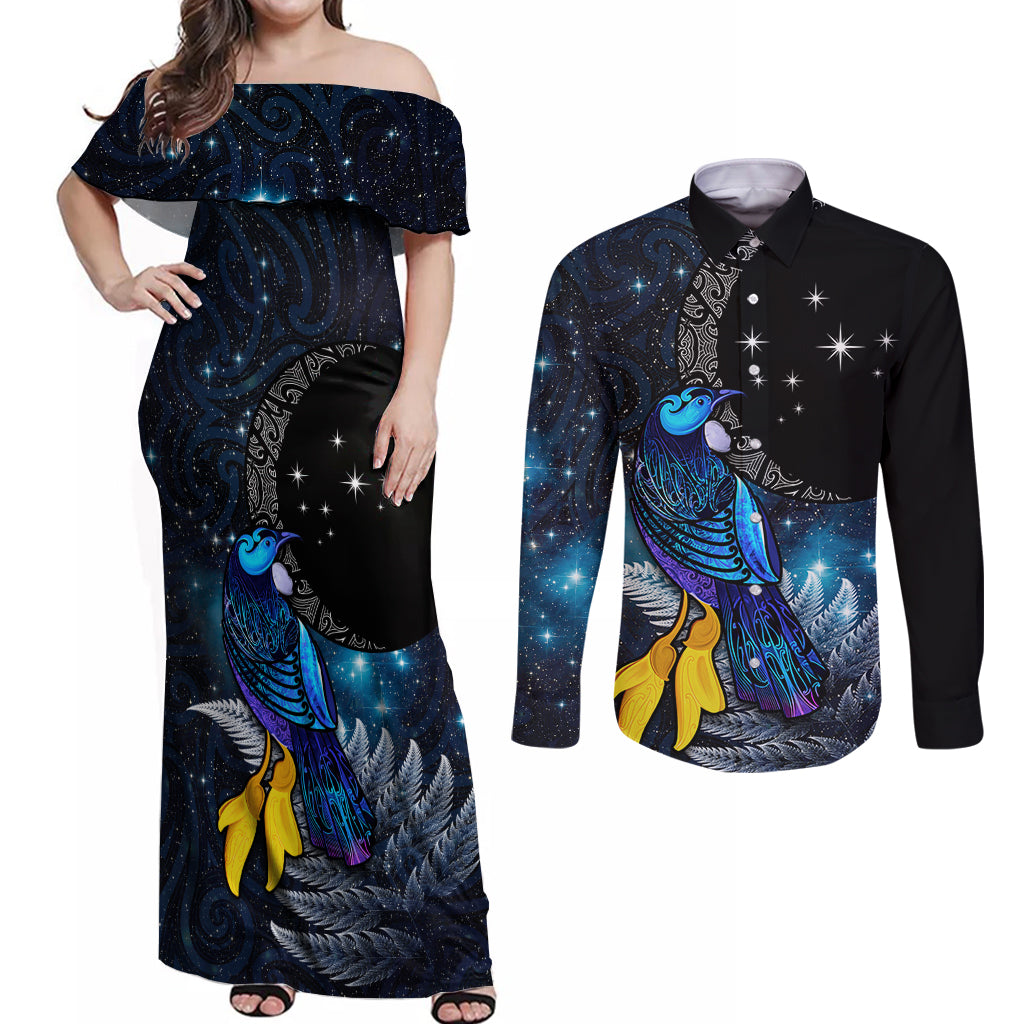 New Zealand Tui Bird Matariki Couples Matching Off Shoulder Maxi Dress and Long Sleeve Button Shirt Galaxy Fern With Maori Pattern LT03 Blue - Polynesian Pride