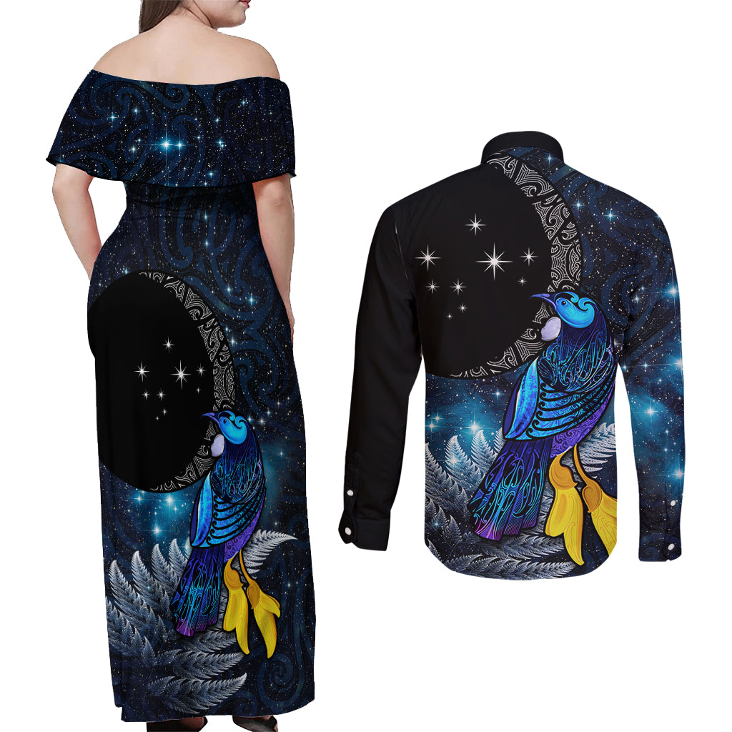 New Zealand Tui Bird Matariki Couples Matching Off Shoulder Maxi Dress and Long Sleeve Button Shirt Galaxy Fern With Maori Pattern LT03 - Polynesian Pride