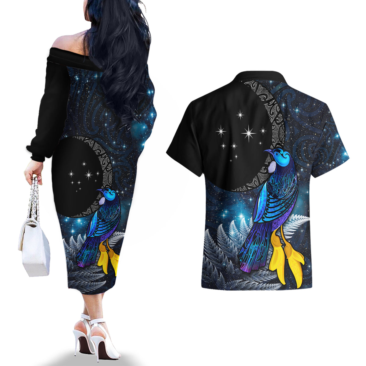 New Zealand Tui Bird Matariki Couples Matching Off The Shoulder Long Sleeve Dress and Hawaiian Shirt Galaxy Fern With Maori Pattern LT03 - Polynesian Pride