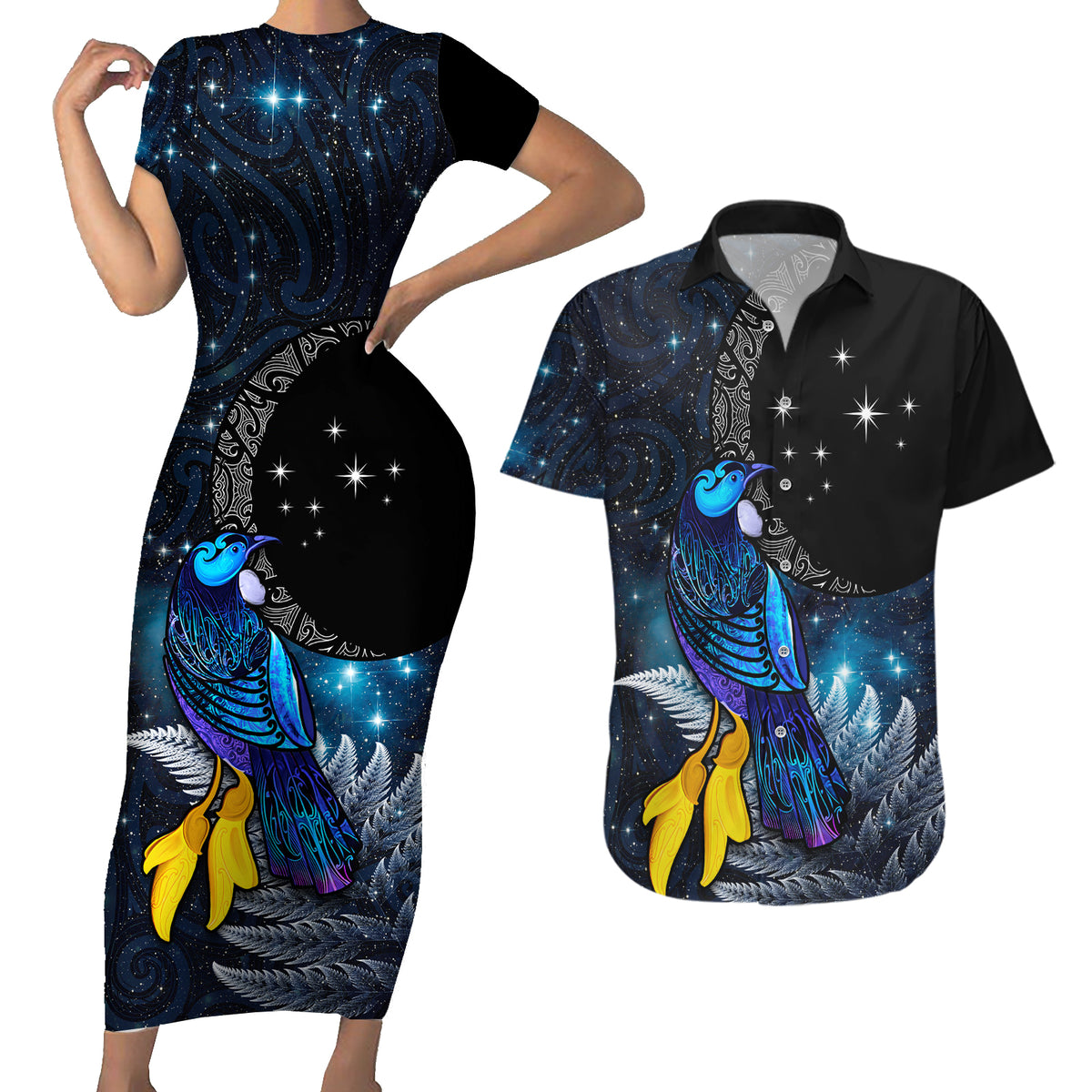 New Zealand Tui Bird Matariki Couples Matching Short Sleeve Bodycon Dress and Hawaiian Shirt Galaxy Fern With Maori Pattern LT03 Blue - Polynesian Pride