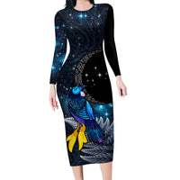 New Zealand Tui Bird Matariki Family Matching Long Sleeve Bodycon Dress and Hawaiian Shirt Galaxy Fern With Maori Pattern LT03 Mom's Dress Blue - Polynesian Pride