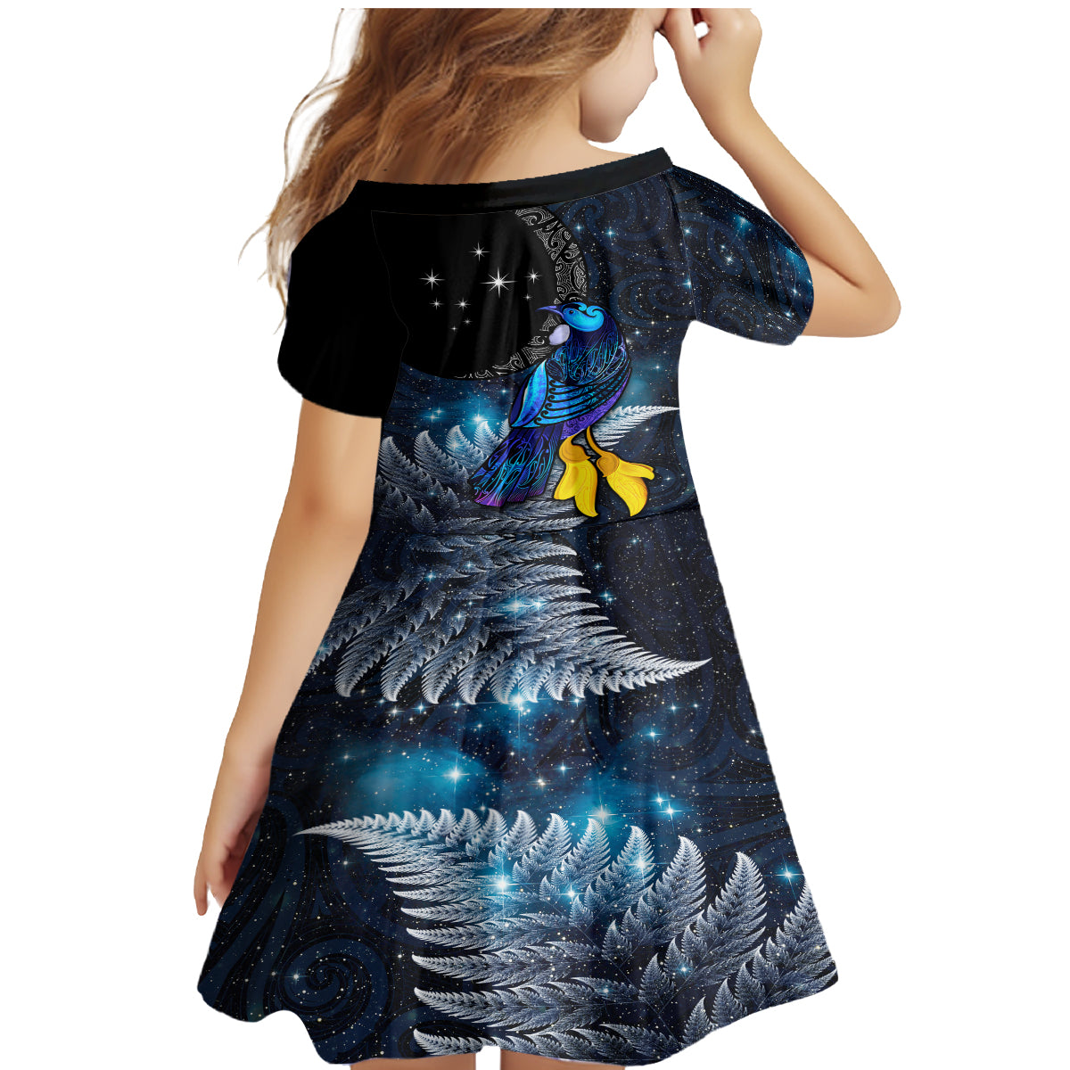New Zealand Tui Bird Matariki Family Matching Mermaid Dress and Hawaiian Shirt Galaxy Fern With Maori Pattern LT03 - Polynesian Pride