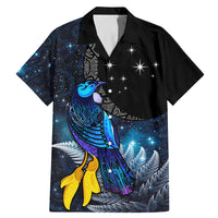 New Zealand Tui Bird Matariki Family Matching Mermaid Dress and Hawaiian Shirt Galaxy Fern With Maori Pattern LT03 Dad's Shirt - Short Sleeve Blue - Polynesian Pride