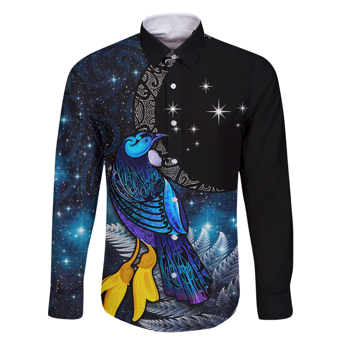 New Zealand Tui Bird Matariki Family Matching Mermaid Dress and Hawaiian Shirt Galaxy Fern With Maori Pattern LT03 Dad's Shirt - Long Sleeve Blue - Polynesian Pride