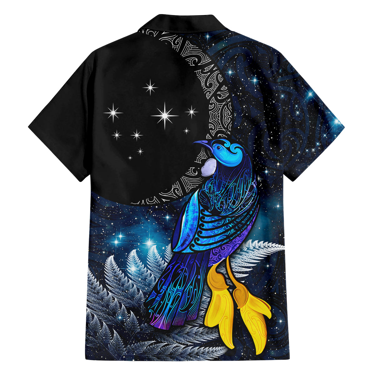 New Zealand Tui Bird Matariki Family Matching Off The Shoulder Long Sleeve Dress and Hawaiian Shirt Galaxy Fern With Maori Pattern LT03 - Polynesian Pride