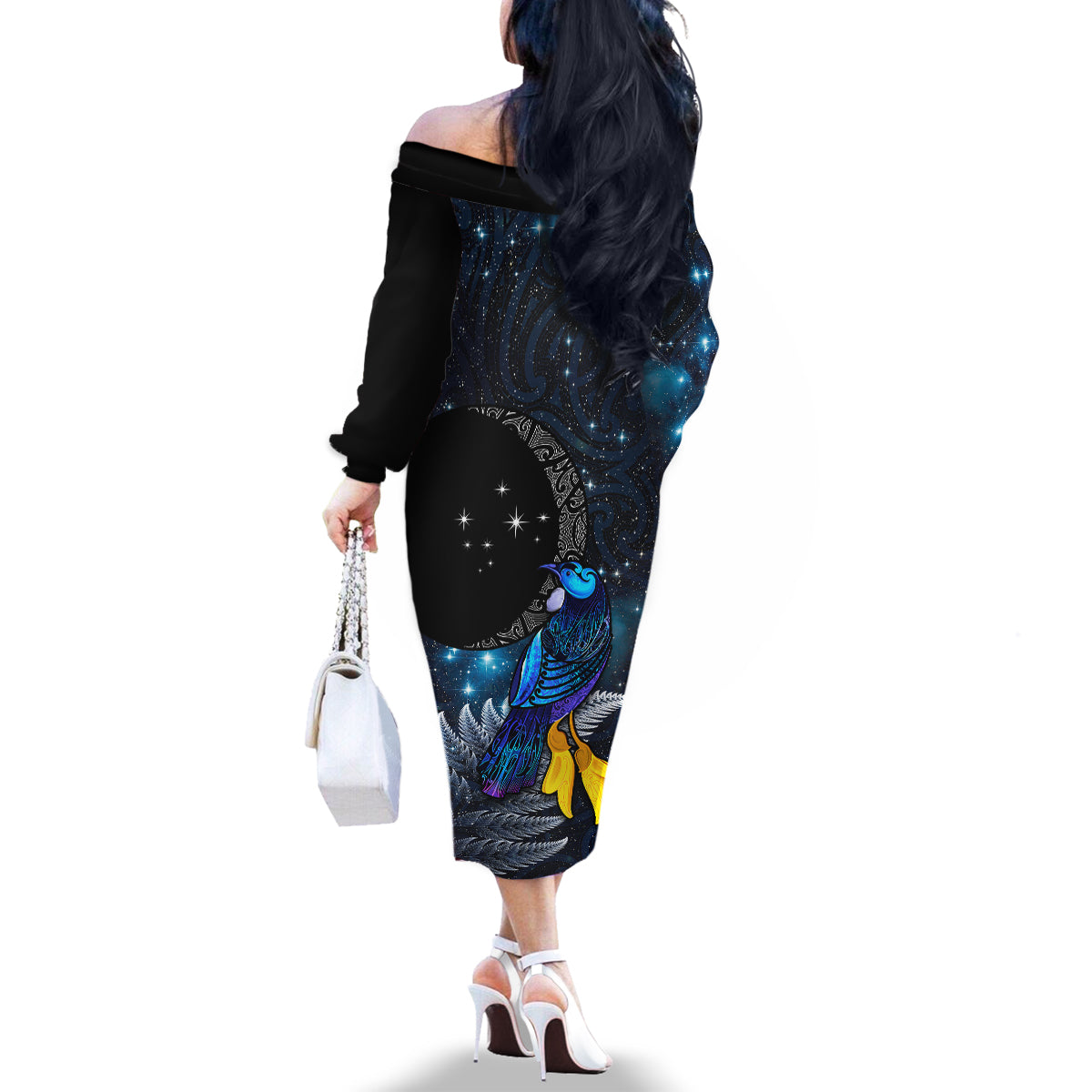 New Zealand Tui Bird Matariki Family Matching Off The Shoulder Long Sleeve Dress and Hawaiian Shirt Galaxy Fern With Maori Pattern LT03 - Polynesian Pride