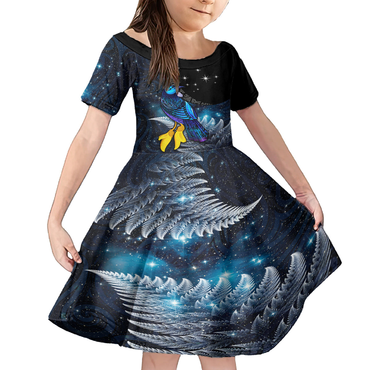 New Zealand Tui Bird Matariki Family Matching Off Shoulder Maxi Dress and Hawaiian Shirt Galaxy Fern With Maori Pattern LT03 Daughter's Dress Blue - Polynesian Pride