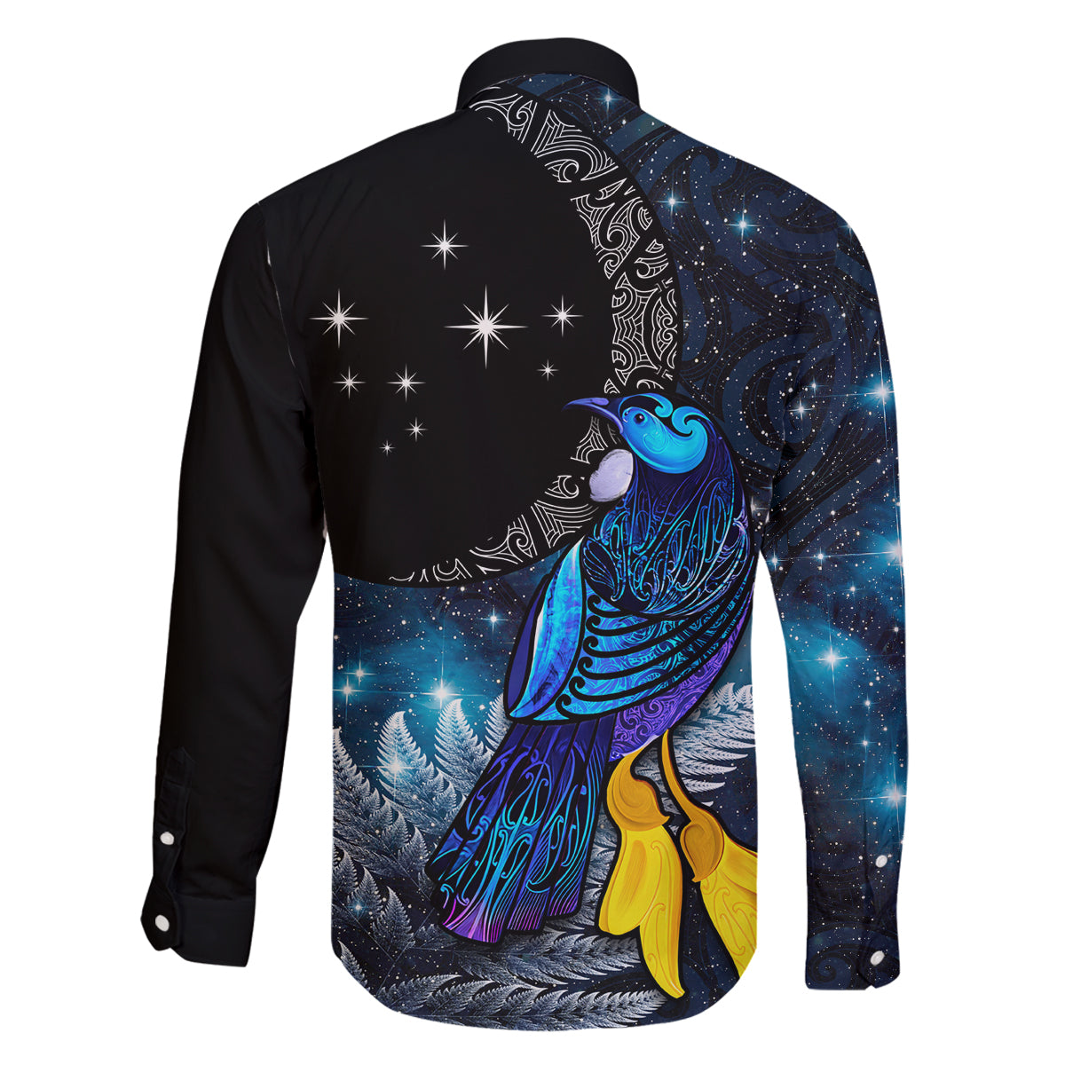 New Zealand Tui Bird Matariki Family Matching Off Shoulder Maxi Dress and Hawaiian Shirt Galaxy Fern With Maori Pattern LT03 - Polynesian Pride