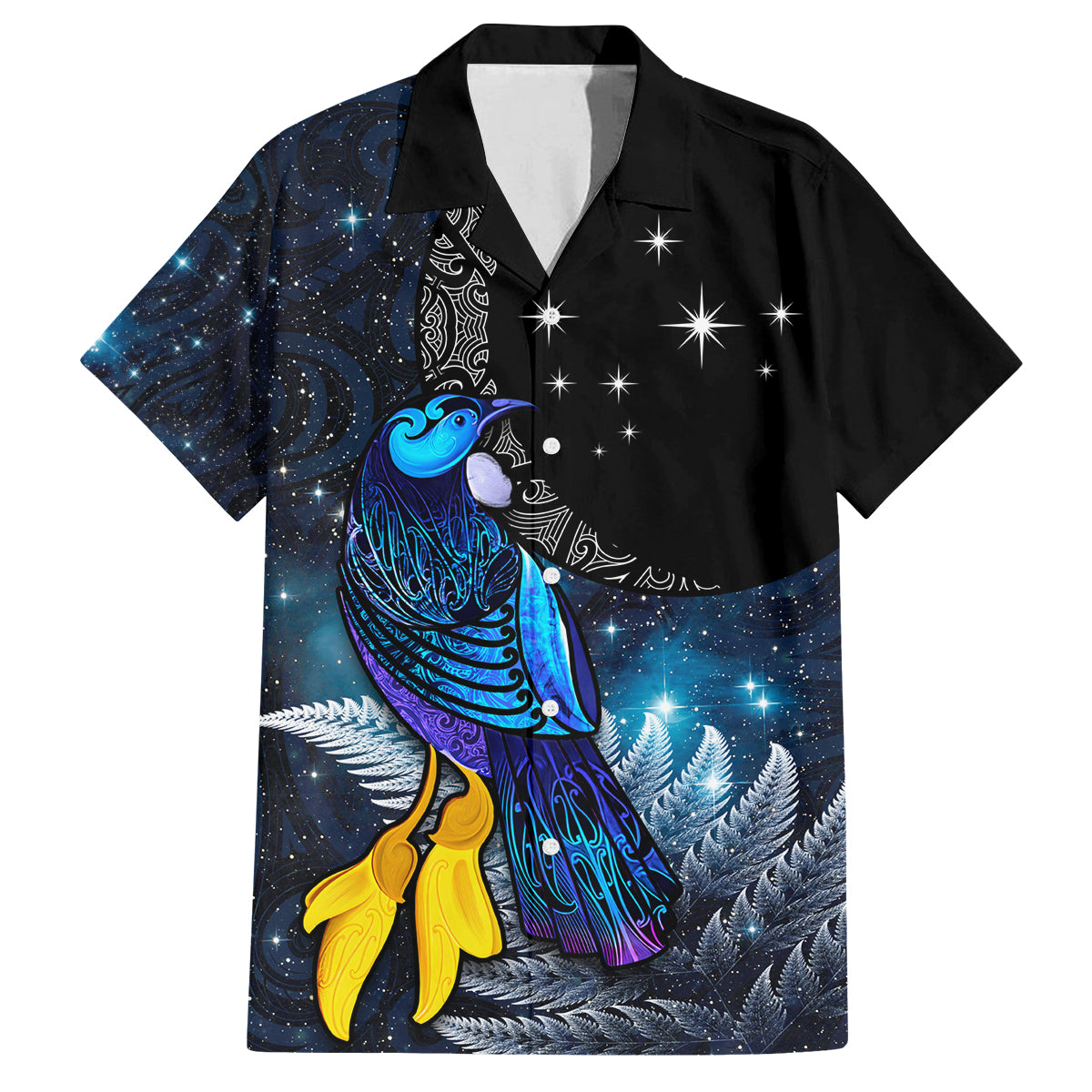 New Zealand Tui Bird Matariki Family Matching Puletasi and Hawaiian Shirt Galaxy Fern With Maori Pattern LT03 Dad's Shirt - Short Sleeve Blue - Polynesian Pride