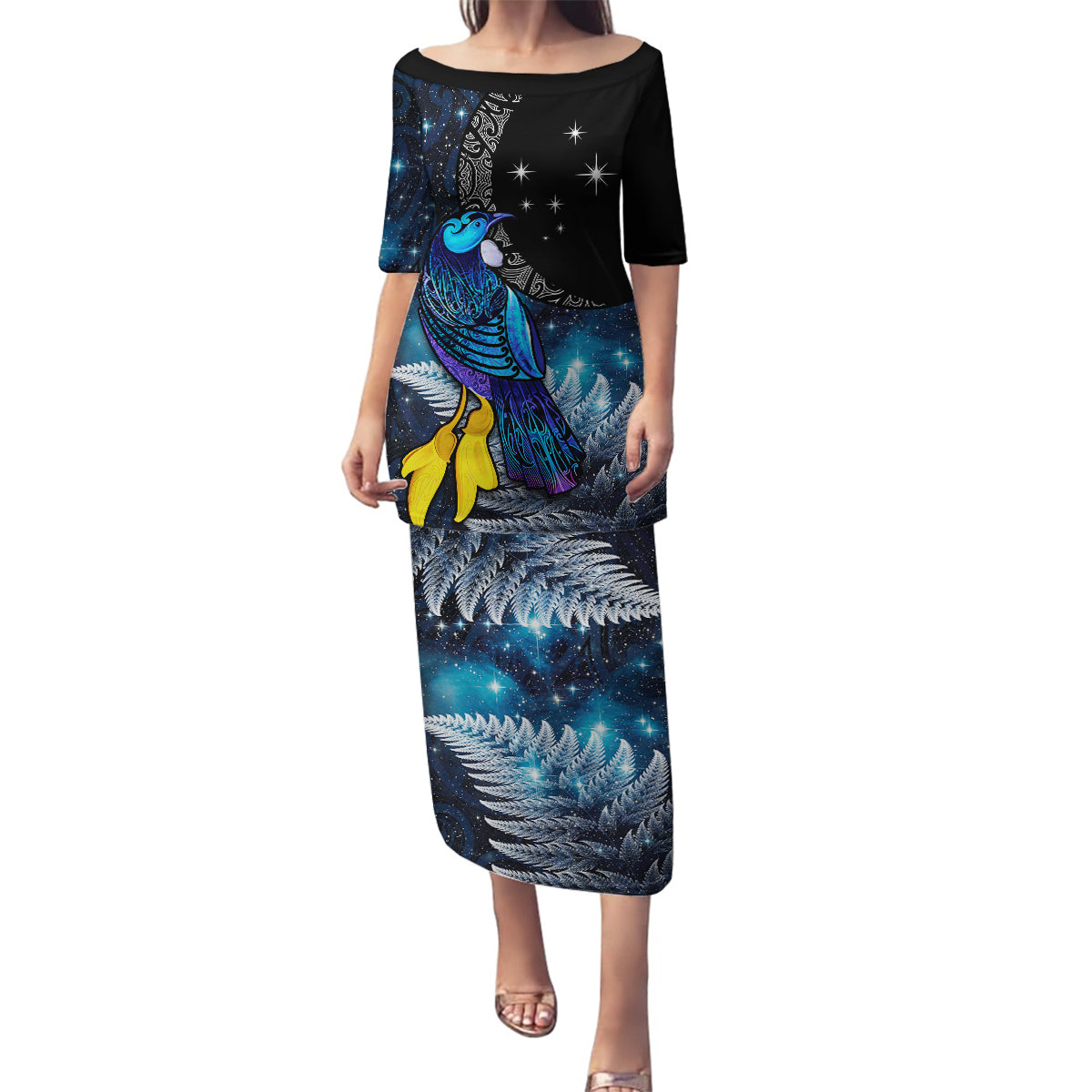 New Zealand Tui Bird Matariki Family Matching Puletasi and Hawaiian Shirt Galaxy Fern With Maori Pattern LT03 Mom's Dress Blue - Polynesian Pride