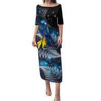 New Zealand Tui Bird Matariki Family Matching Puletasi and Hawaiian Shirt Galaxy Fern With Maori Pattern LT03 Mom's Dress Blue - Polynesian Pride