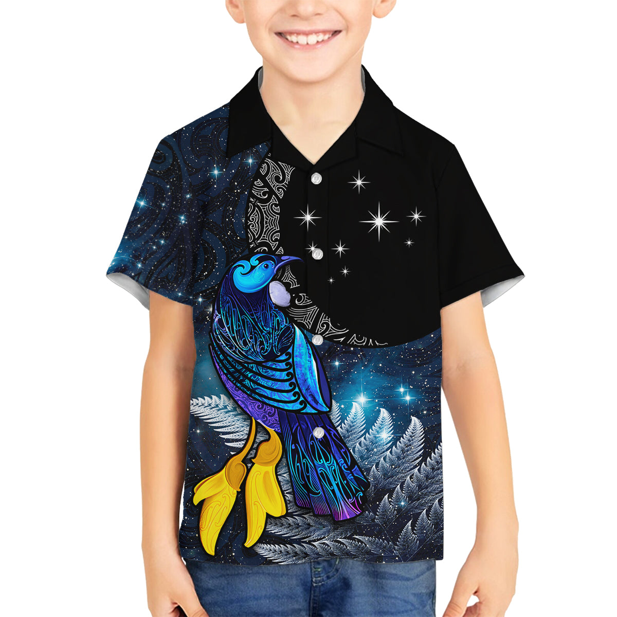 New Zealand Tui Bird Matariki Family Matching Puletasi and Hawaiian Shirt Galaxy Fern With Maori Pattern LT03 Son's Shirt Blue - Polynesian Pride