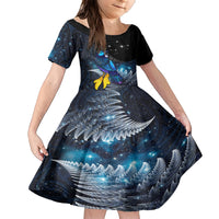 New Zealand Tui Bird Matariki Family Matching Short Sleeve Bodycon Dress and Hawaiian Shirt Galaxy Fern With Maori Pattern LT03 Daughter's Dress Blue - Polynesian Pride