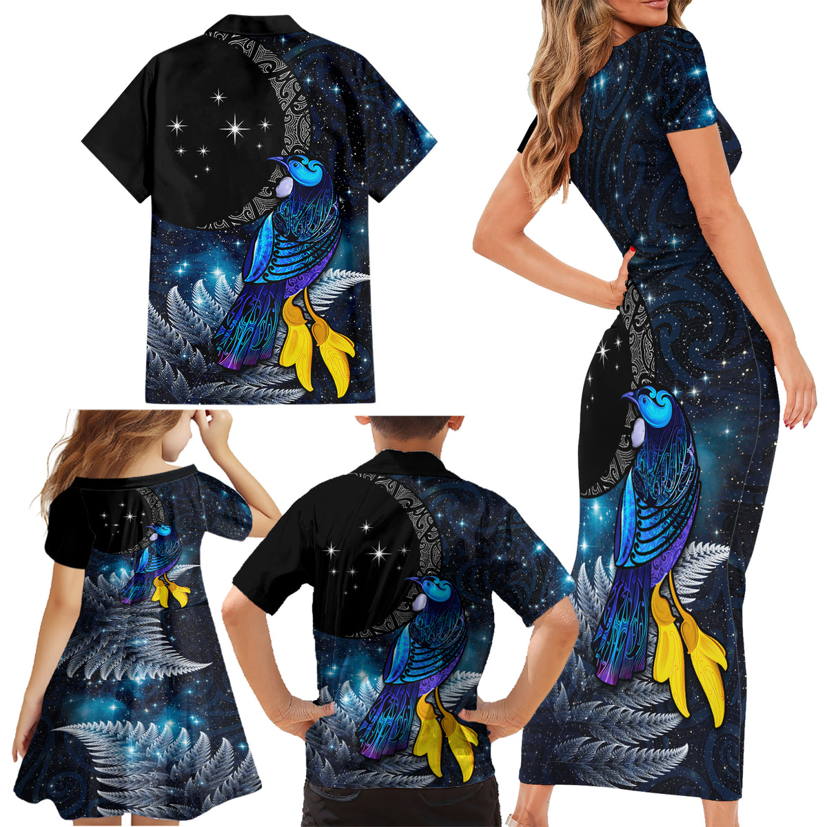New Zealand Tui Bird Matariki Family Matching Short Sleeve Bodycon Dress and Hawaiian Shirt Galaxy Fern With Maori Pattern LT03 - Polynesian Pride