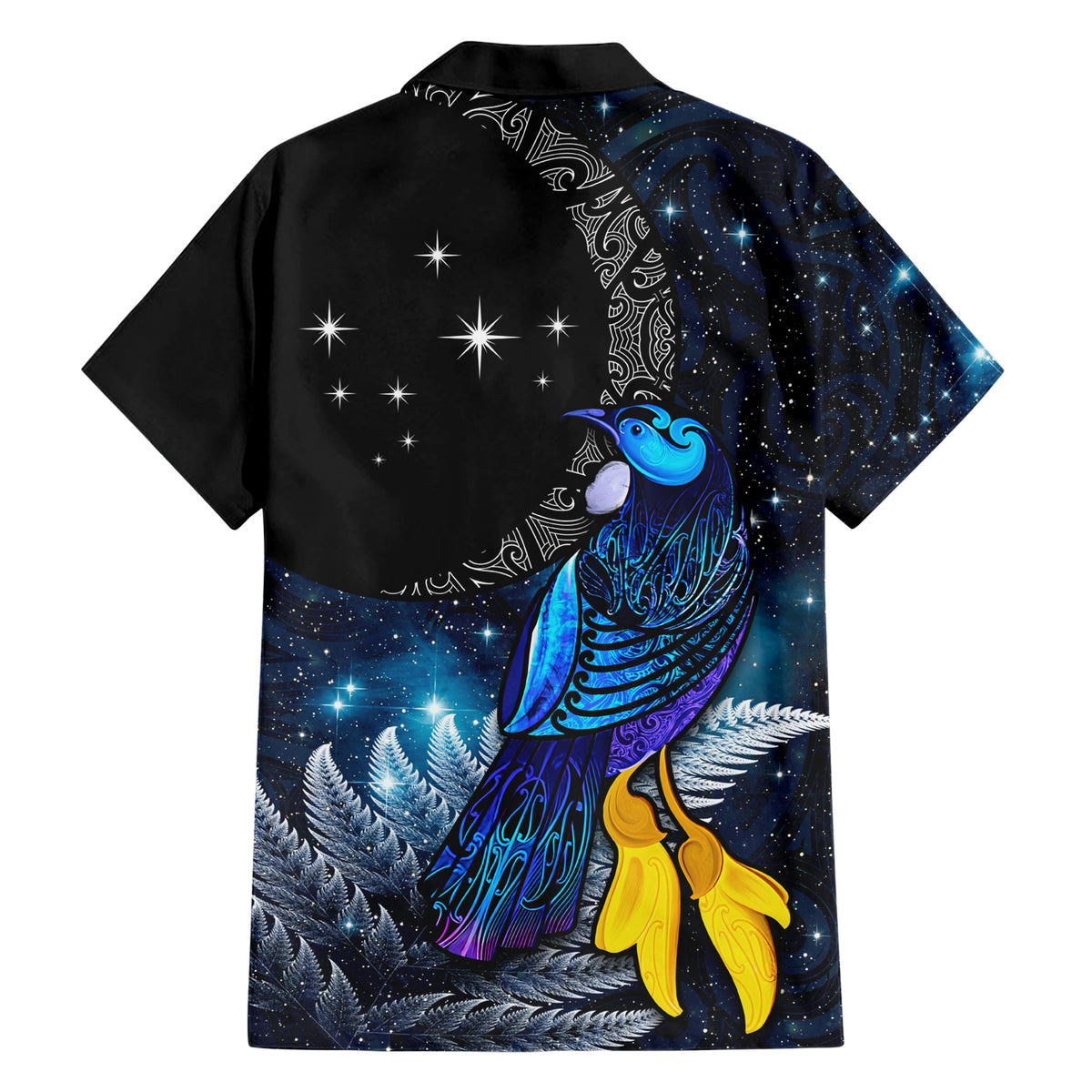 New Zealand Tui Bird Matariki Family Matching Short Sleeve Bodycon Dress and Hawaiian Shirt Galaxy Fern With Maori Pattern LT03 - Polynesian Pride