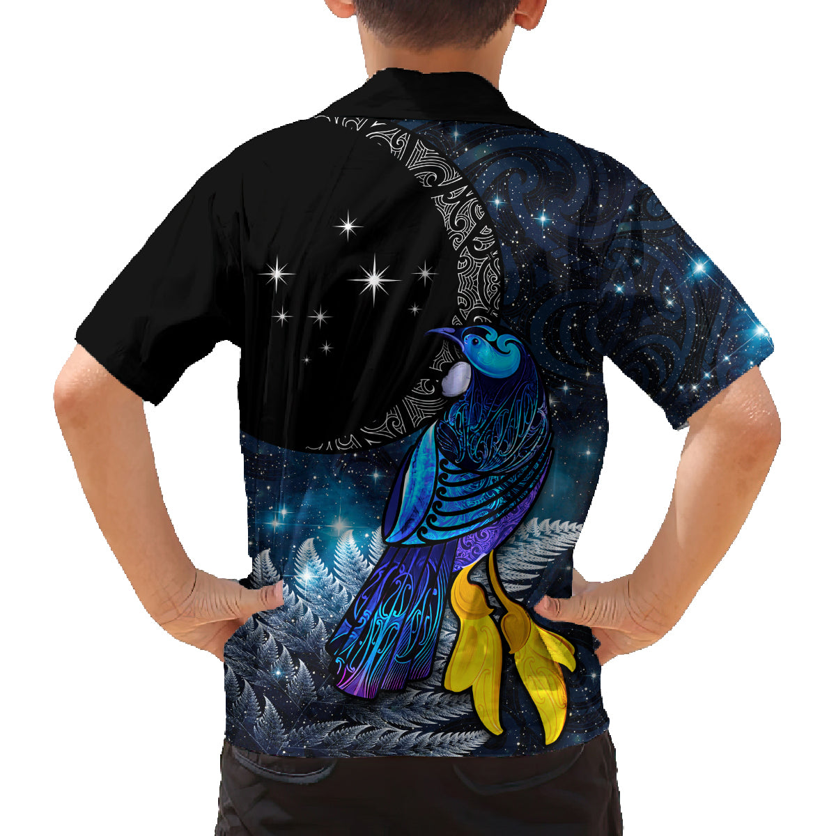 New Zealand Tui Bird Matariki Family Matching Summer Maxi Dress and Hawaiian Shirt Galaxy Fern With Maori Pattern LT03 - Polynesian Pride