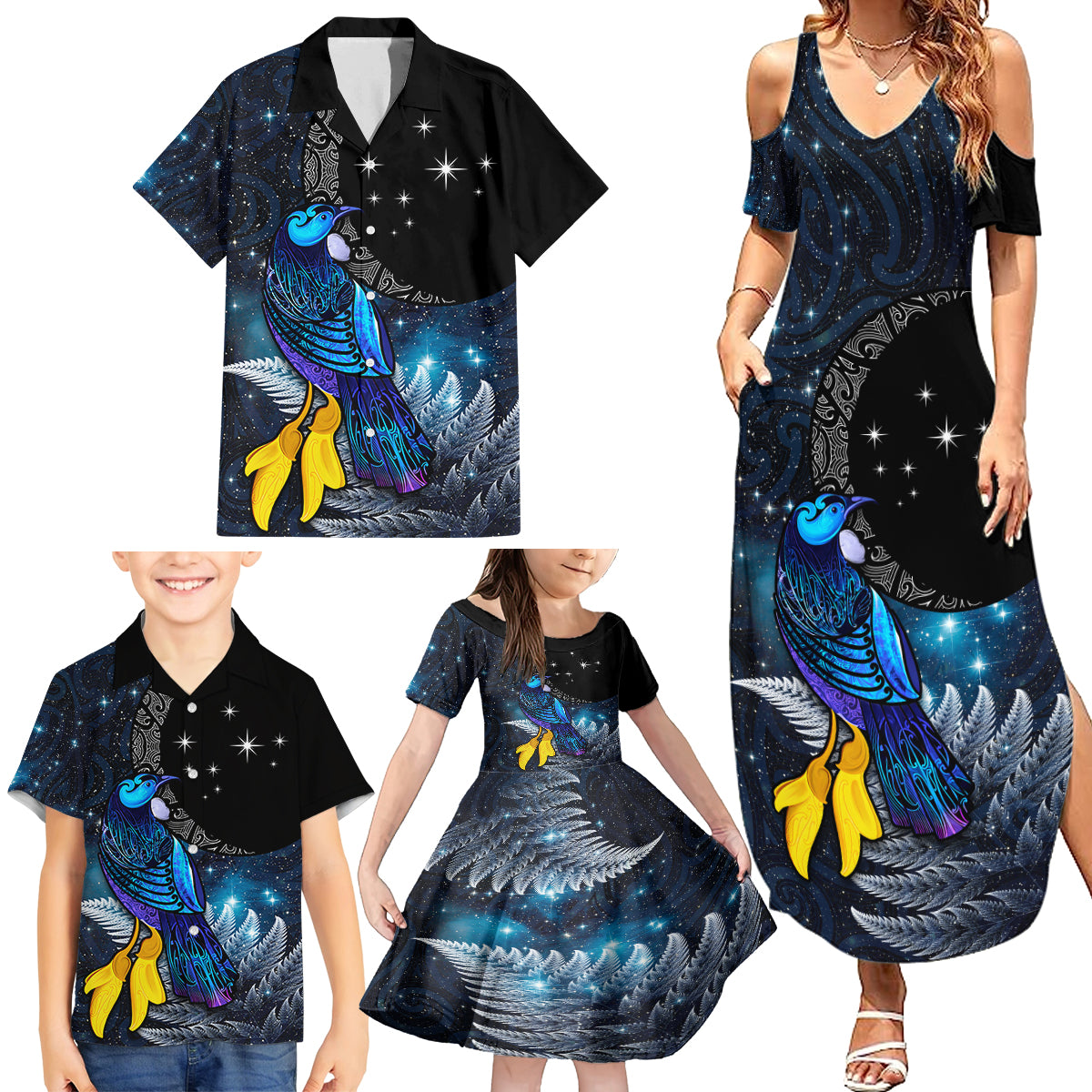 New Zealand Tui Bird Matariki Family Matching Summer Maxi Dress and Hawaiian Shirt Galaxy Fern With Maori Pattern LT03 - Polynesian Pride