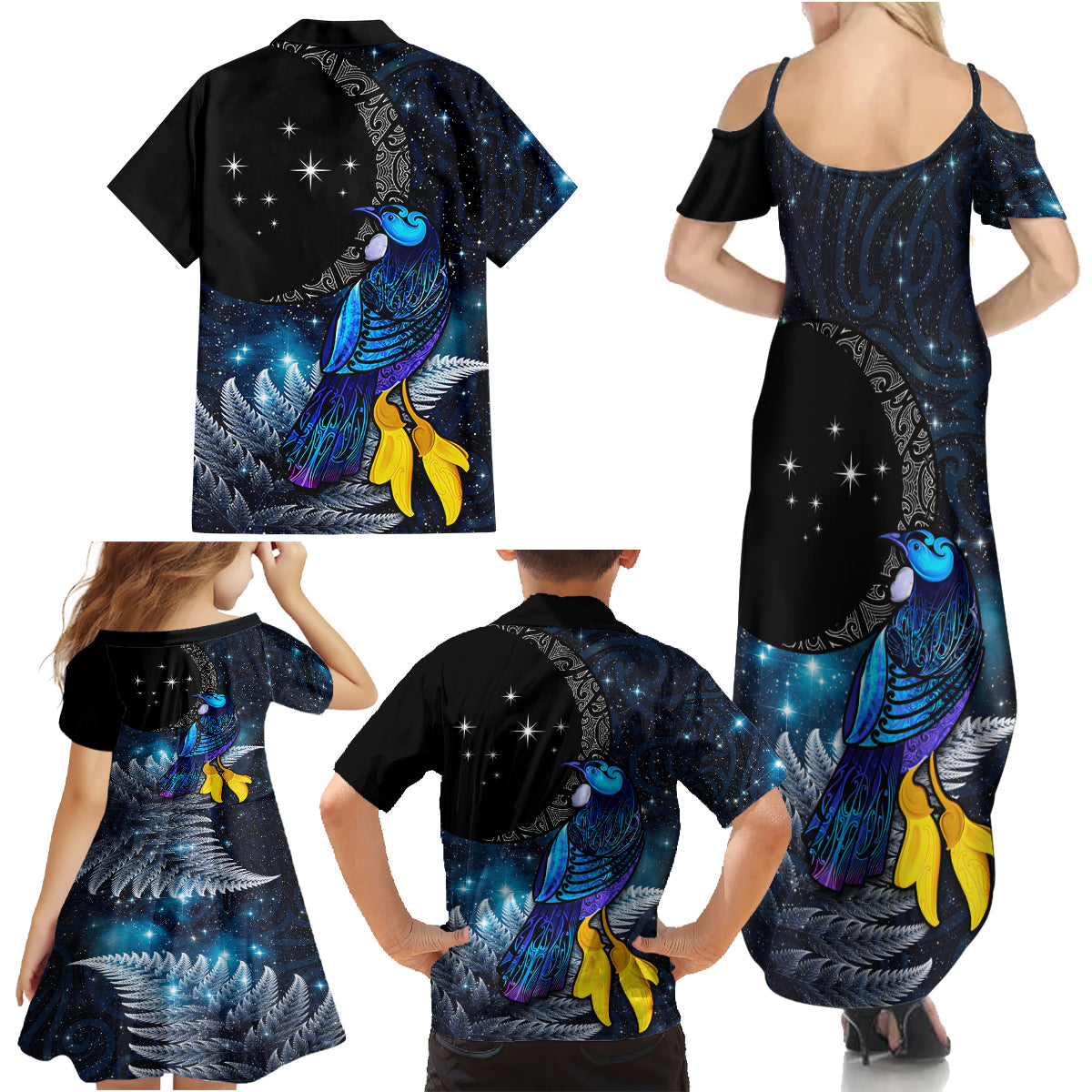New Zealand Tui Bird Matariki Family Matching Summer Maxi Dress and Hawaiian Shirt Galaxy Fern With Maori Pattern LT03 - Polynesian Pride