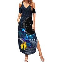 New Zealand Tui Bird Matariki Family Matching Summer Maxi Dress and Hawaiian Shirt Galaxy Fern With Maori Pattern LT03 Mom's Dress Blue - Polynesian Pride