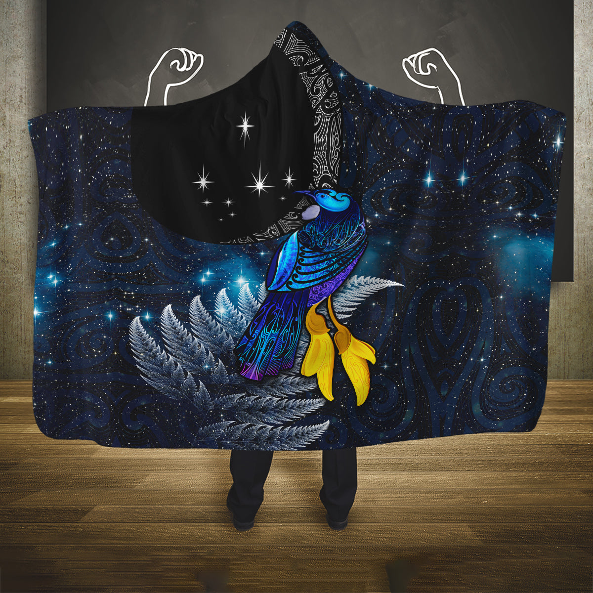 New Zealand Tui Bird Matariki Hooded Blanket Galaxy Fern With Maori Pattern