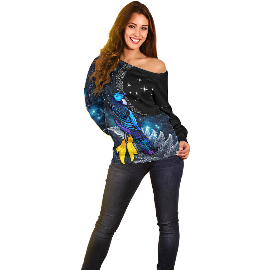 New Zealand Tui Bird Matariki Off Shoulder Sweater Galaxy Fern With Maori Pattern