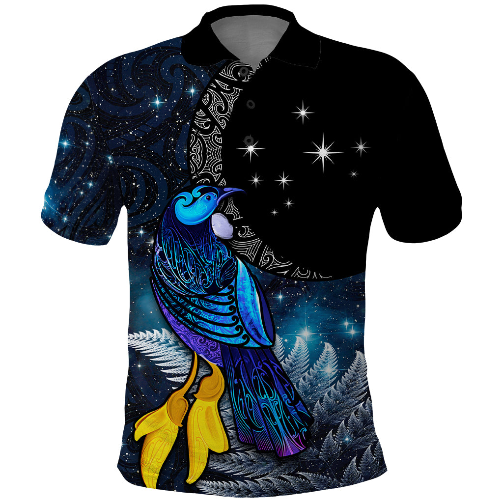 New Zealand Tui Bird Matariki Polo Shirt Galaxy Fern With Maori Pattern LT03 Blue - Polynesian Pride